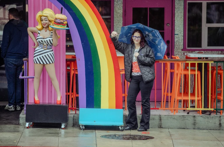 Friedman stands outside Hamburger Mary’s in West Hollywood.