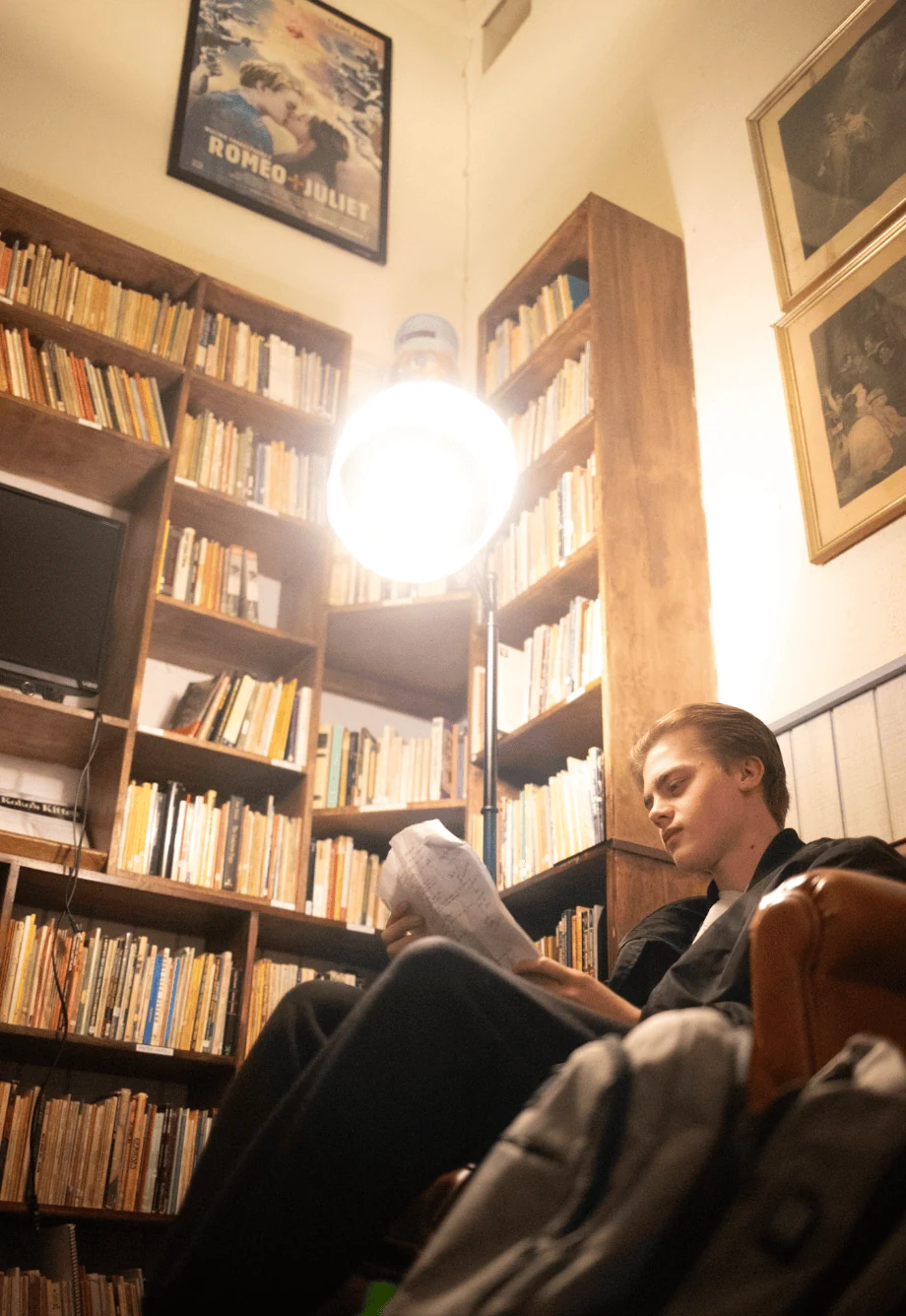 A student reads a script in the library at the Lee Strasberg Theatre & Film Institute