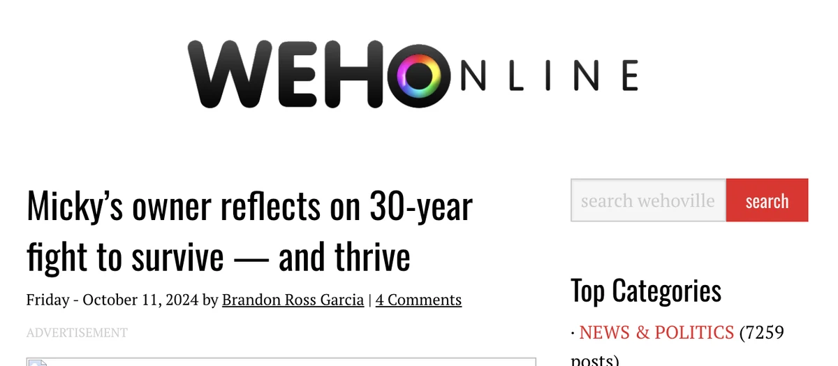 Article Screenshot — WEHOonline - West Hollywood, California - 2026 - Micky's Owner Michael Niemeyer Interview