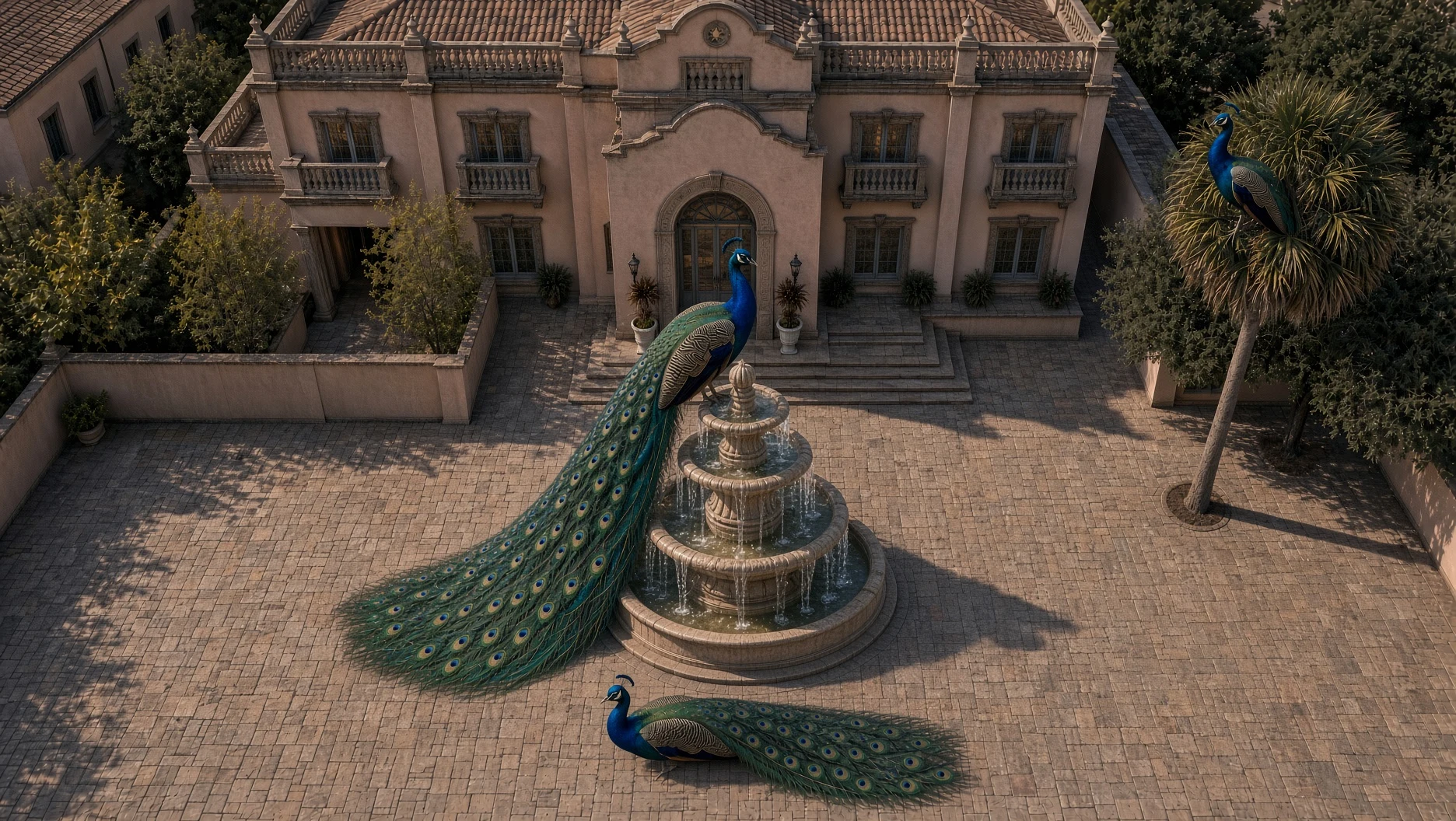 Digital artwork — peacock courtyard