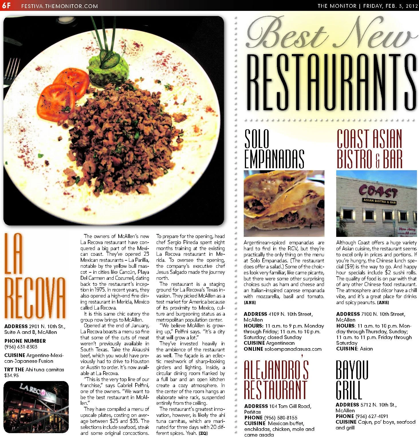 Editorial Page — Festiva, The Monitor - McAllen, Texas - 2012 - Best New Restaurants