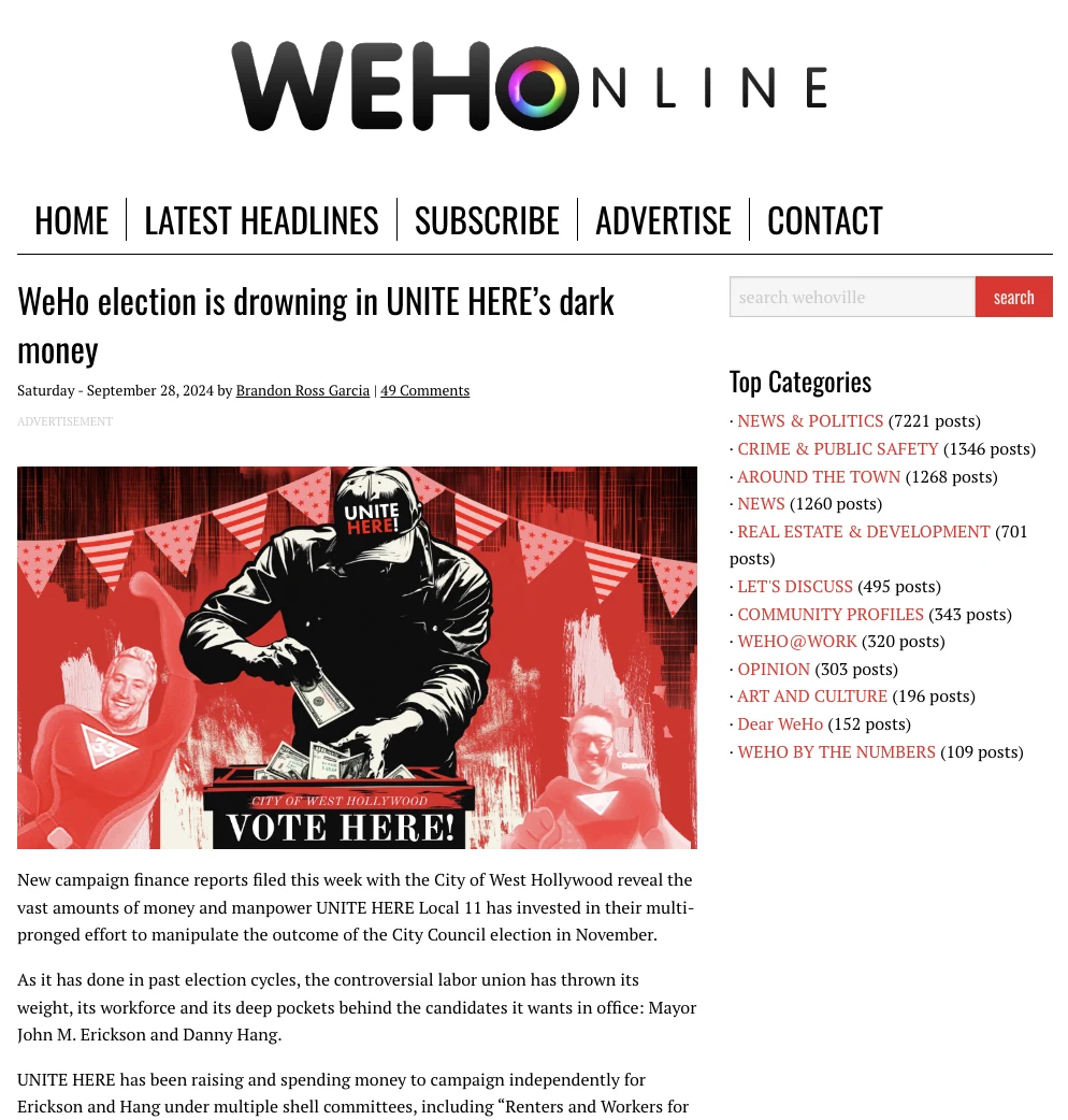 WEHOonline — UNITE HERE election money article